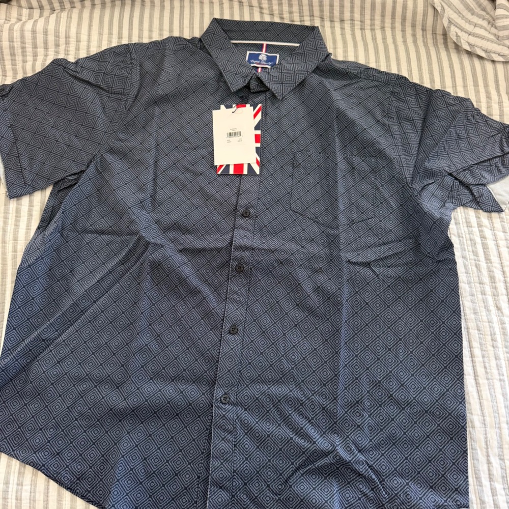 English Laundry Mens XXL Navy Blue Geometric Diamond Print SS Button Down Shirt